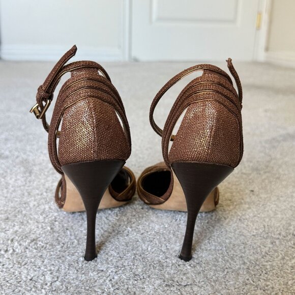 Like New BCBGMAXAZRIA Brown/Gold Leather Heels Size 5.5 - Picture 4 of 7
